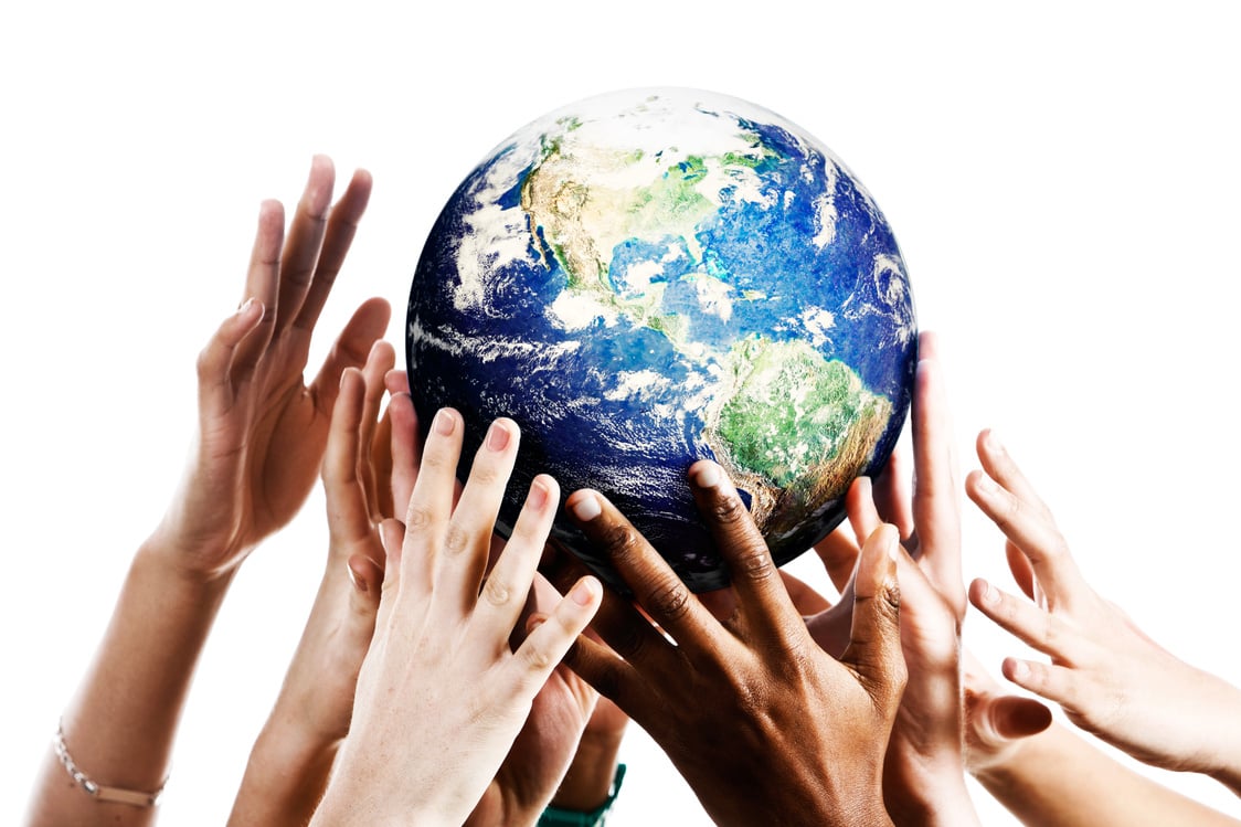 Many hands reach up for Planet Earth